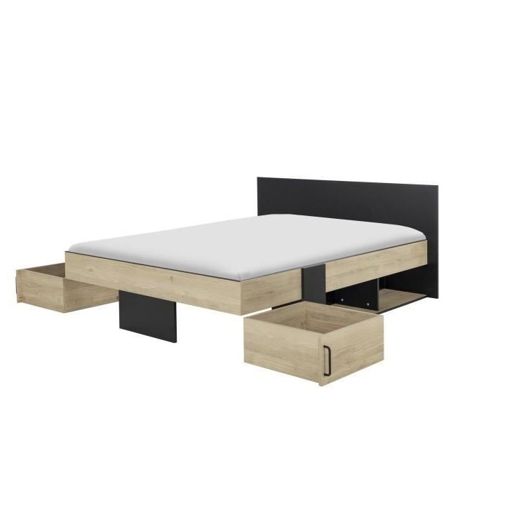 DIAGONE Lit adulte avec tiroirs de rangement - Chataignier et noir - 1