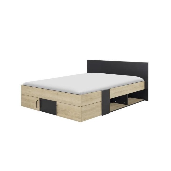 DIAGONE Lit adulte avec tiroirs de rangement - Chataignier et noir - 1