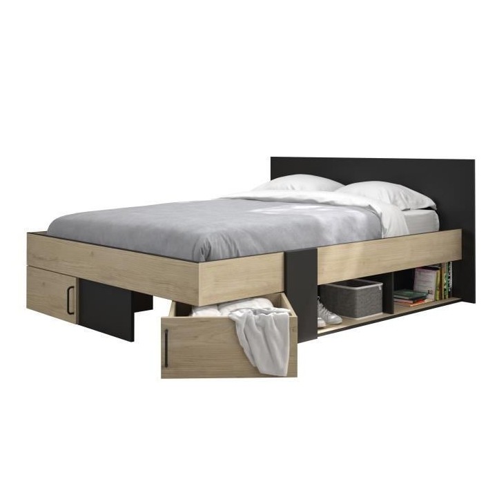 DIAGONE Lit adulte avec tiroirs de rangement - Chataignier et noir - 1