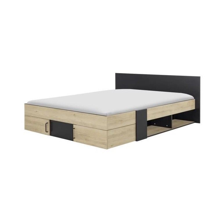 DIAGONE Lit adulte avec tiroirs de rangement - Chataignier et noir - 1