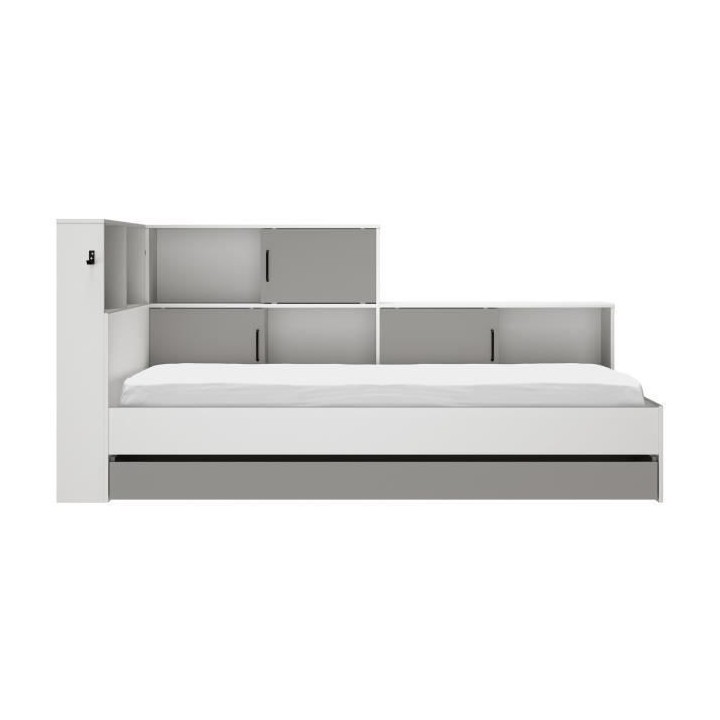 GAMI Erwan Lit enfant avec rangements - Décor blanc et gris- 90 x 200