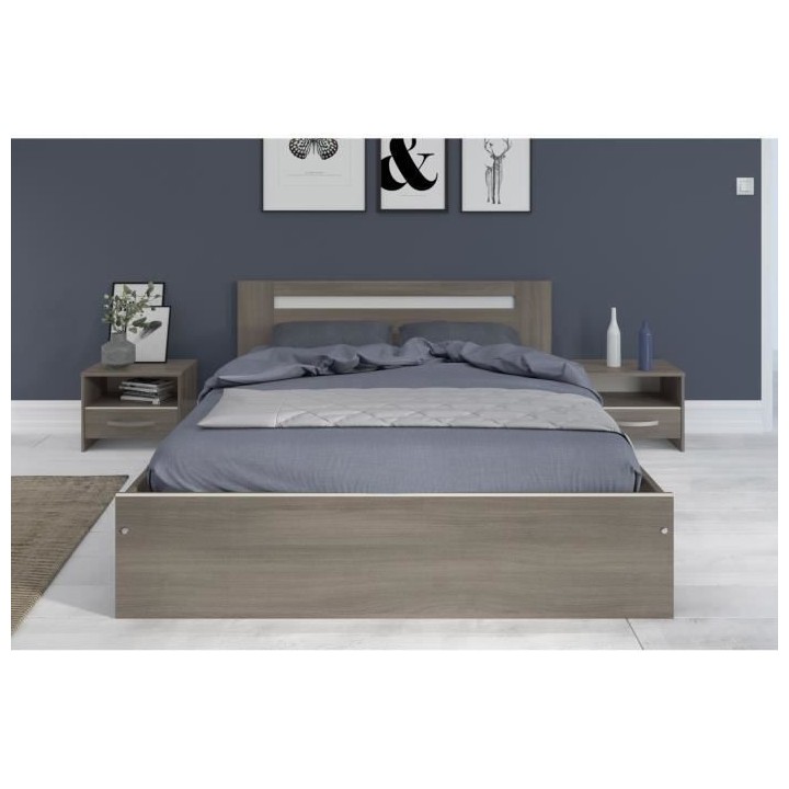 PARISOT Lit adulte avec tiroir - Contemporain - Décor noyer silver -