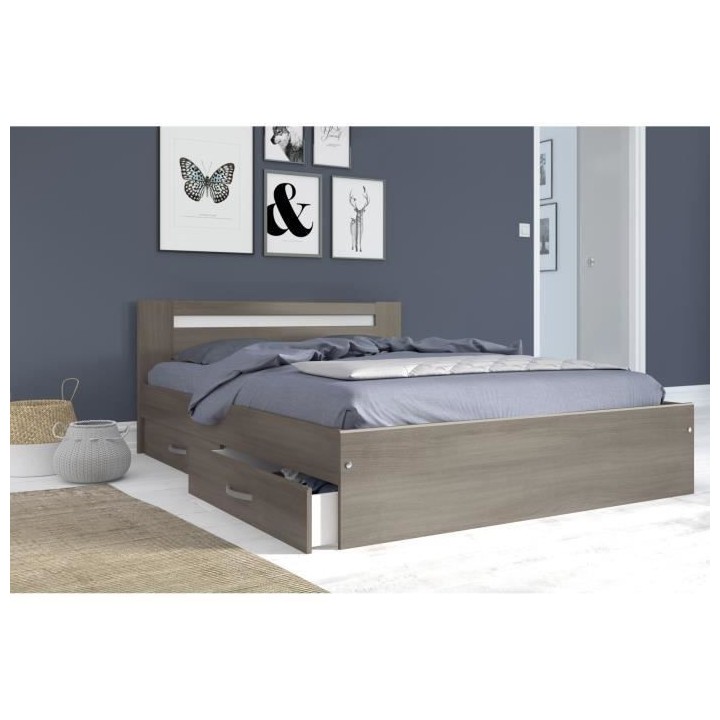 PARISOT Lit adulte avec tiroir - Contemporain - Décor noyer silver -