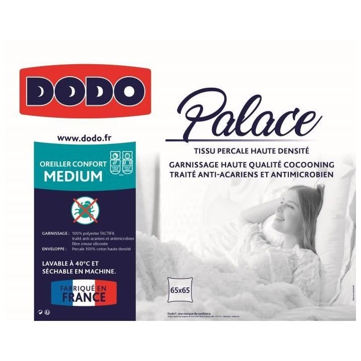 DODO Oreiller Percale Anti-Acariens PALACE - 65 x 65 cm