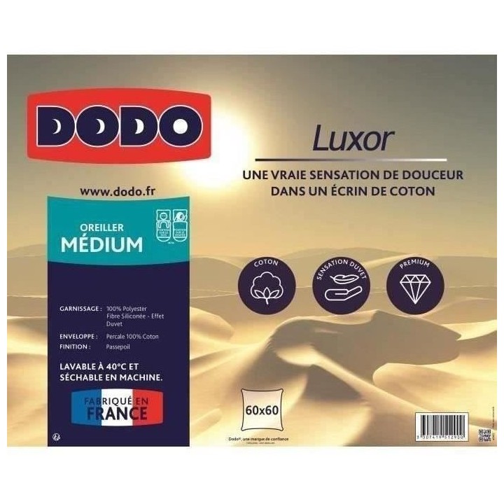 DODO Oreiller LUXOR 60x60 cm - 100% Coton - Effet Duvet