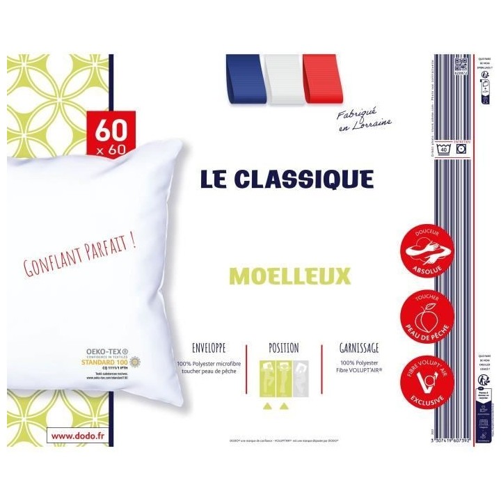 Oreiller - LE CLASSIQUE - Gonflant parfait - 60 x 60 cm - Polyester et