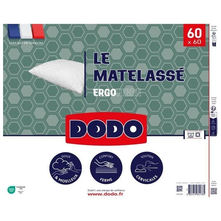Oreiller Le Matelassé DODO - 60x60 cm - Soutien ferme - Taie déhouss