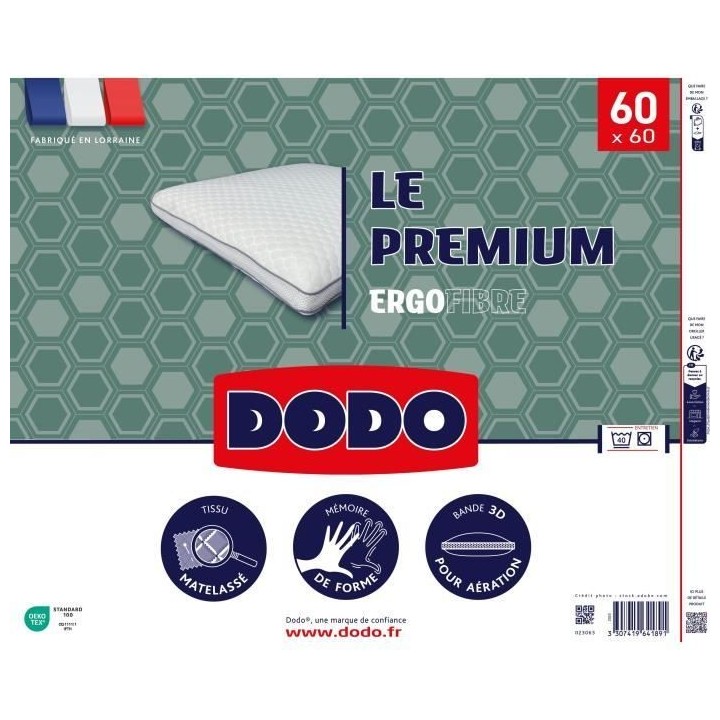 Oreiller Le Premium DODO - 60x60 cm - Mémoire de forme - Taie déhous