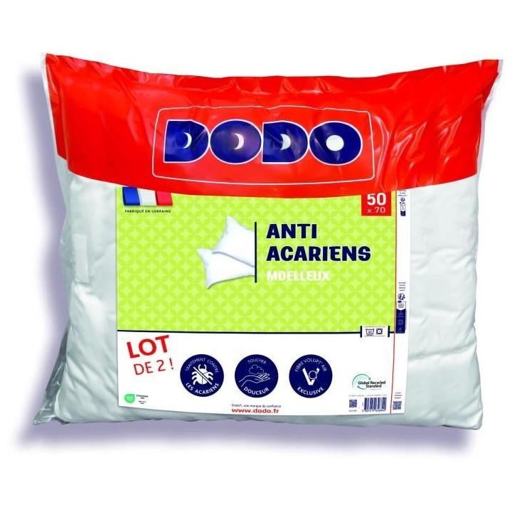 Lot de 2 oreillers anti-acariens 50x70 cm - 100% Polyester - DODO