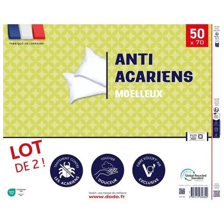 Lot de 2 oreillers anti-acariens 50x70 cm - 100% Polyester - DODO