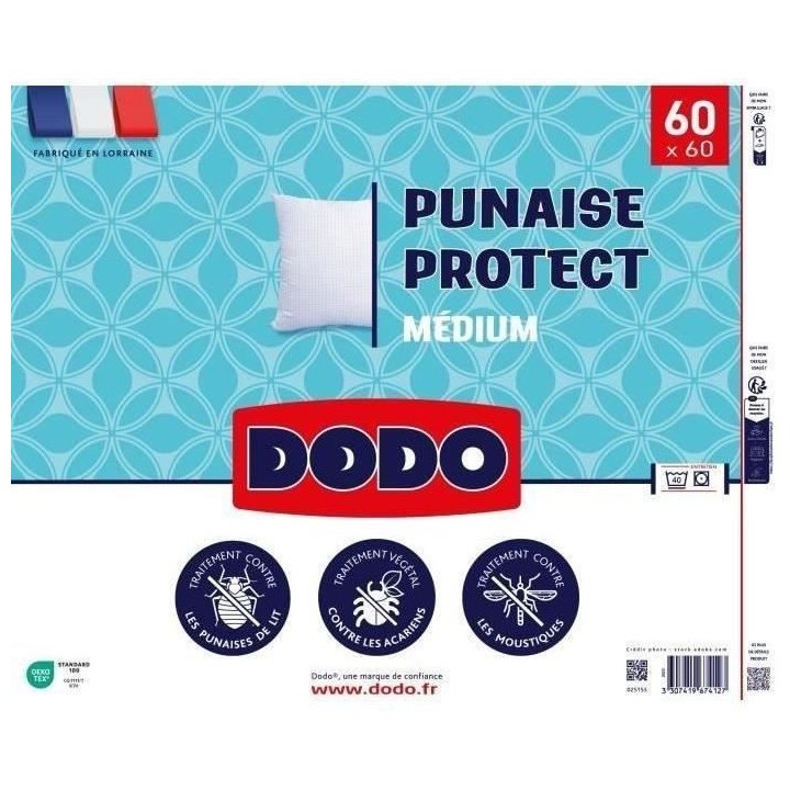 Oreiller médium DODO 60x60 cm - Protection anti punaise, anti acarien