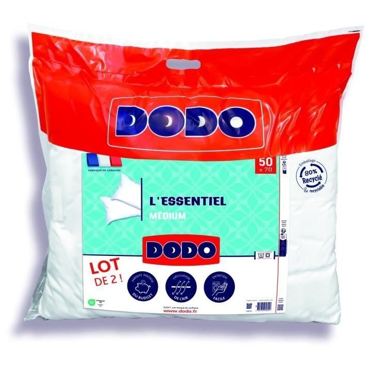 DODO Lot de 2 Oreillers Médium - L'ESSENTIEL - 50x70 cm - 100% Polyes