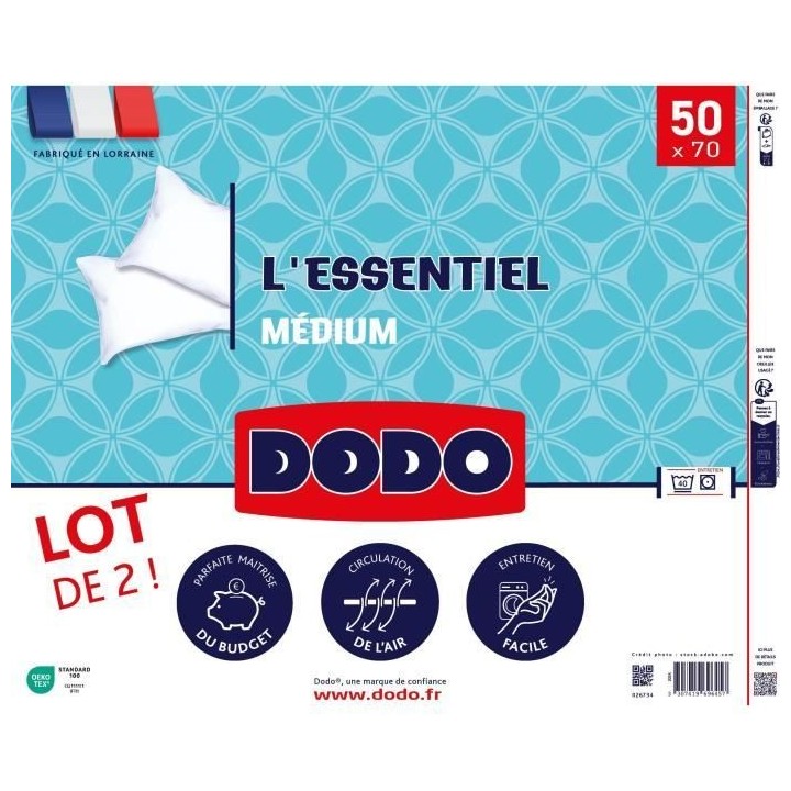 DODO Lot de 2 Oreillers Médium - L'ESSENTIEL - 50x70 cm - 100% Polyes