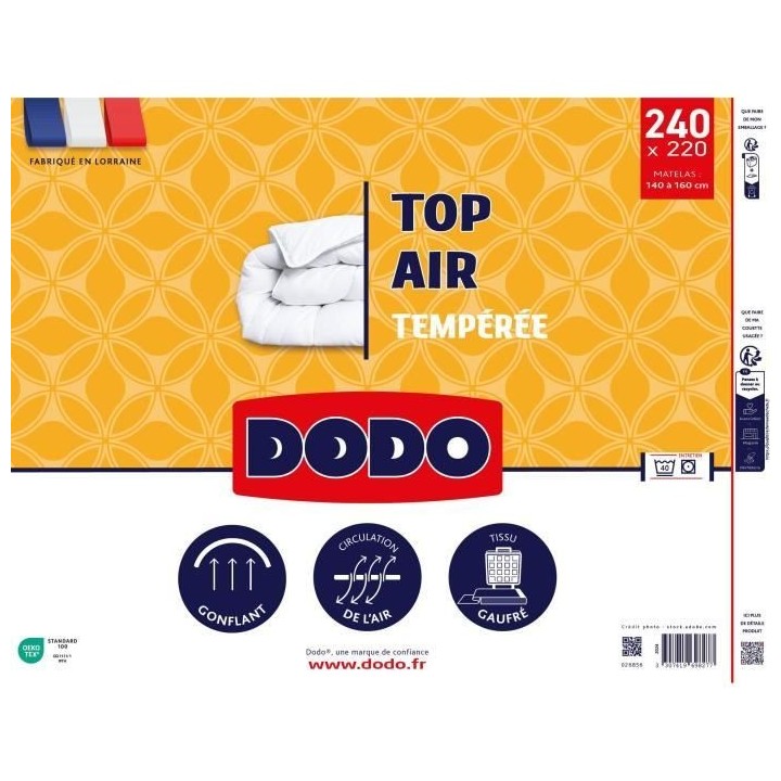 Couette tempérée - DODO - TOP AIR - 220 x 240 cm - 300G/M² - Blanc