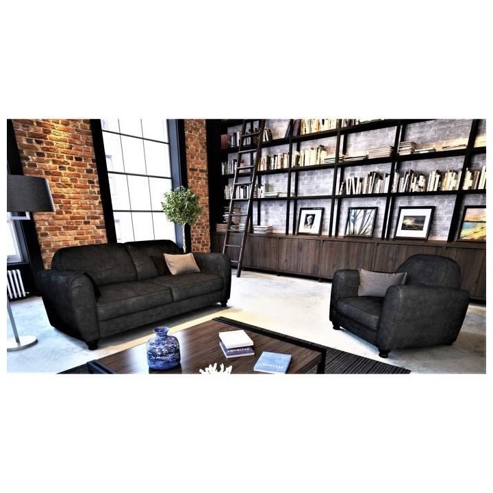 Fauteuil club IKAINEN - Tissu effet veilli noir - L 89 x P 81 x H 77 c