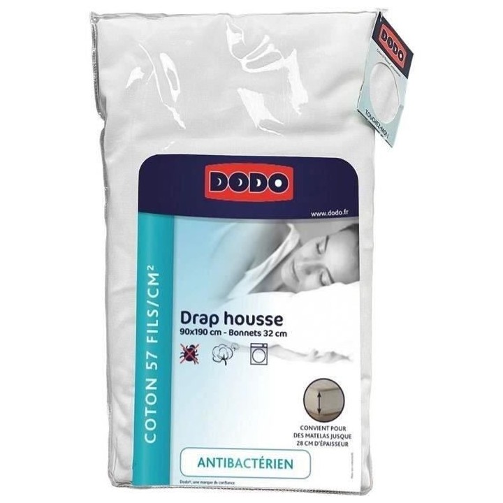 Drap housse DODO - 90x190 cm - Coton - Coutil 32 cm - Blanc