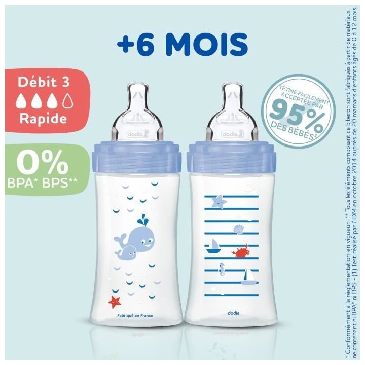 DODIE Lot de 3 Biberons Anti-Colique Sensation+ 330ml +6 Mois, Tétine