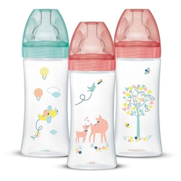 Dodie Lot de 3 Biberons Anti colique Sensation+, Fille, 330 ml, +6 Moi