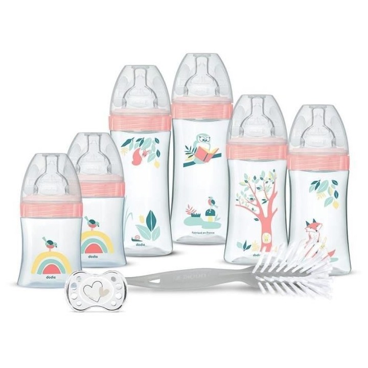 Dodie Kit Naissance - 6 Biberons Anti-Colique Tétines Plates, 1 Sucet