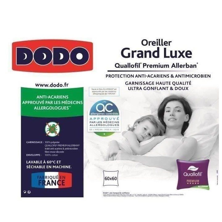 DODO Oreiller Grand luxe Quallofil Allerban - 60 x 60 cm - Blanc