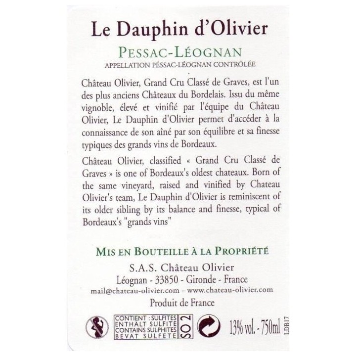 Dauphin d'Olivier 2017 Pessac-Léognan - Vin rouge de Bordeaux