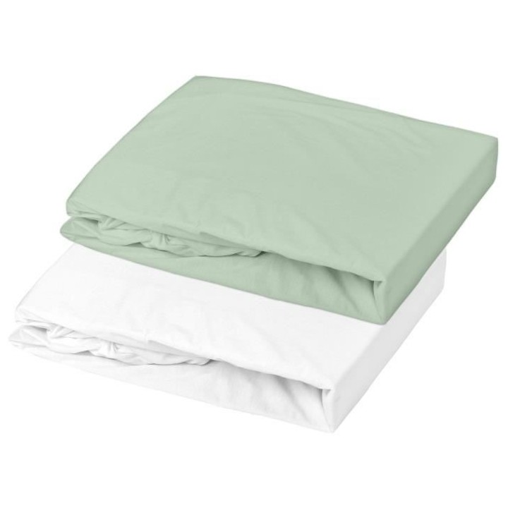 Lot de 2 draps housse en jersey - Blanc / Vert de Gris - 70 x 140 x 17
