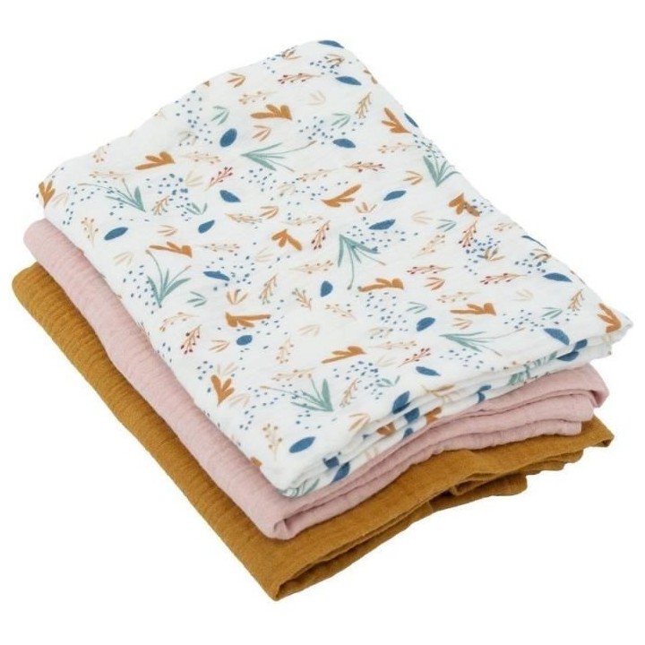 Lot de 3 langes Bambou - DOMIVA - 1 Imprimé + 2 Uni - Rose caramel -