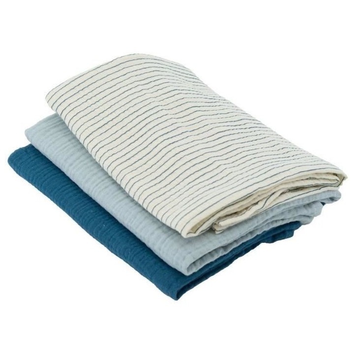 Lot de 3 langes Bambou - DOMIVA - 1 Imprimé + 2 Uni - Bleu indigo - 6