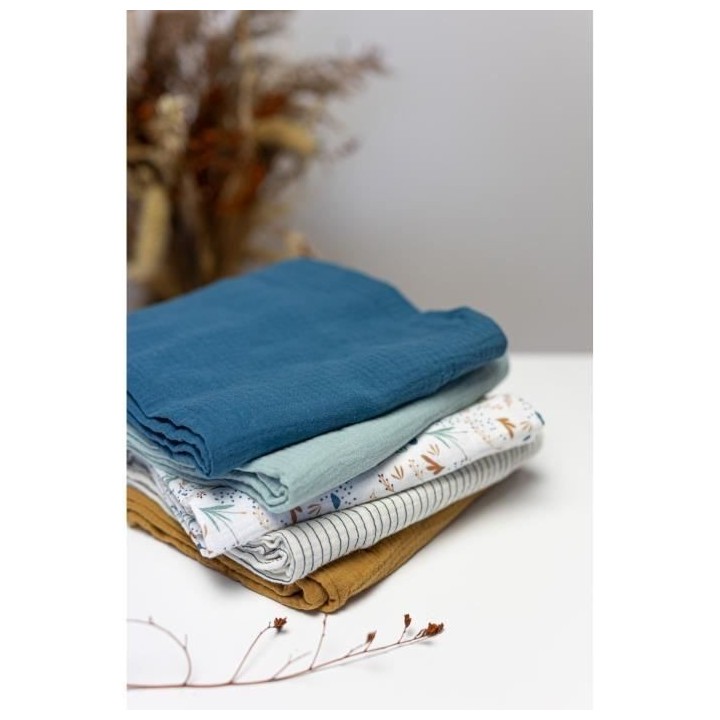 Lot de 3 langes Bambou - DOMIVA - 1 Imprimé + 2 Uni - Bleu indigo - 6
