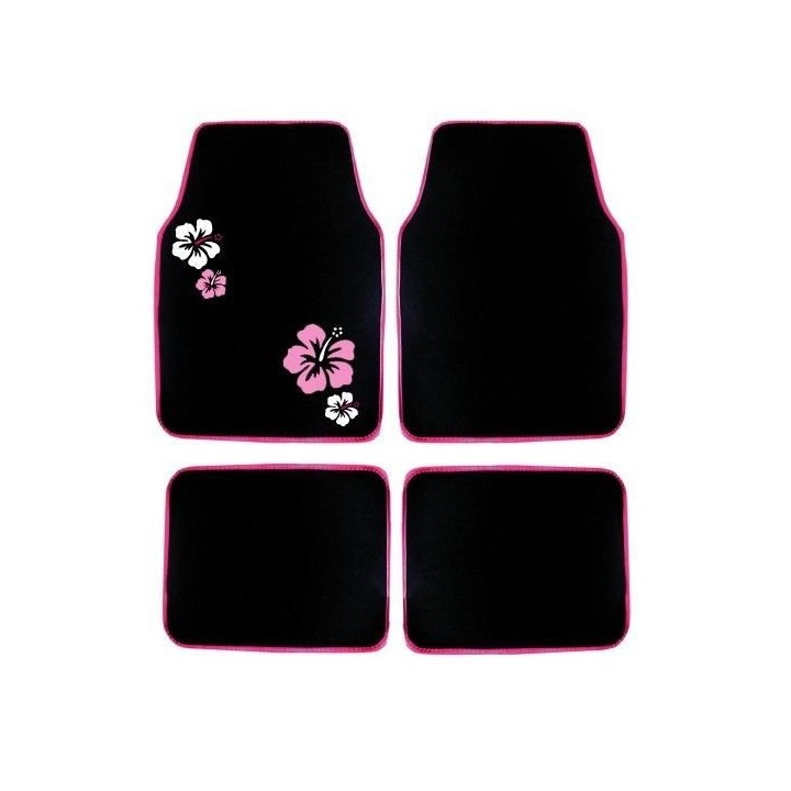 Jeu de 4 tapis moquette noir broderies Hibiscus