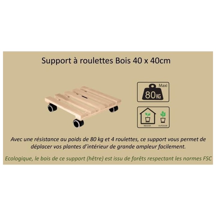 Support a roulettes carré en Bois - EDA PLASTIQUE - 40 x 40 cm - 4 ro