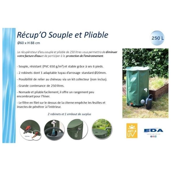 EDA - Récupérateur d'eau Souple et Pliable 250 L - avec Filtre en Fi
