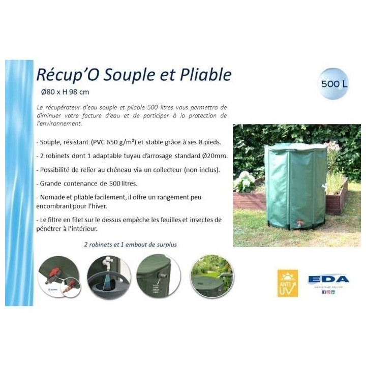 EDA - Récupérateur d'eau Souple et Pliable 500 L - avec Filtre en Fi