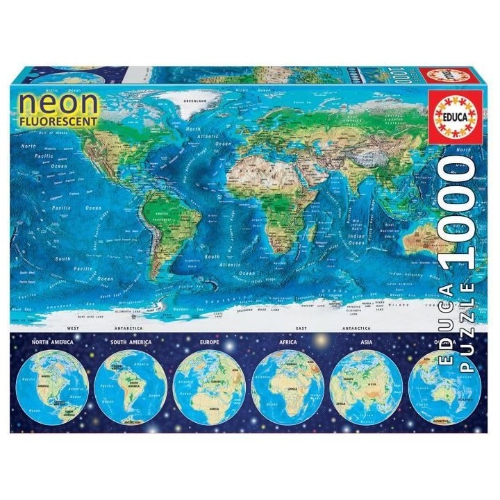 Puzzle Mappemonde Neon 1000 pcs - EDUCA - Voyage et cartes - Adulte -