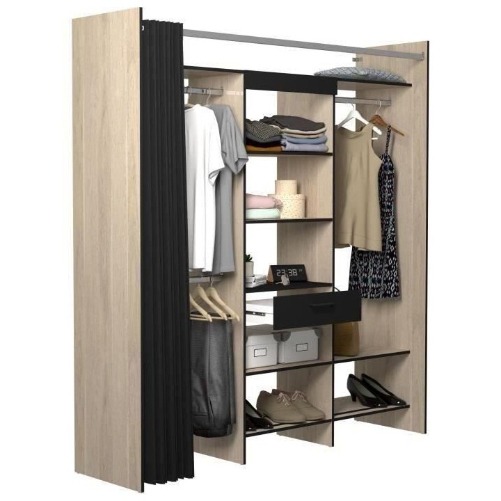 Dressing - PARISOT - VICTOR - Décor Chene dakota / Noir - 184 x 203 x