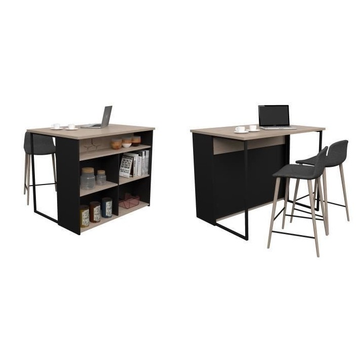 Îlot central BRUNCH - Décor chene et noir - 5 espaces de rangement -