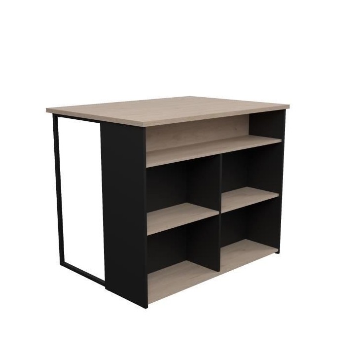 Îlot central BRUNCH - Décor chene et noir - 5 espaces de rangement -