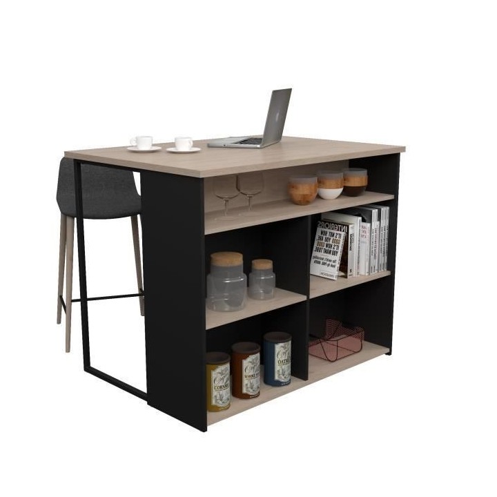 Îlot central BRUNCH - Décor chene et noir - 5 espaces de rangement -