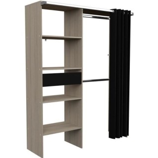 Dressing avec rideau ARTIC - Chene et noir - 1 colonne + 2 penderies +