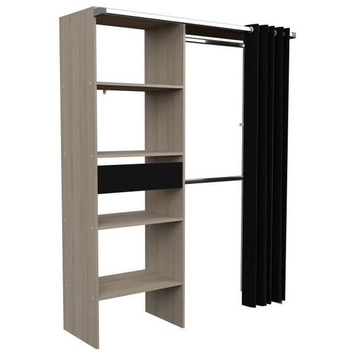 Dressing avec rideau ARTIC - Chene et noir - 1 colonne + 2 penderies +