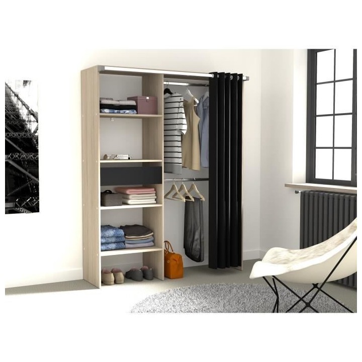 Dressing avec rideau ARTIC - Chene et noir - 1 colonne + 2 penderies +