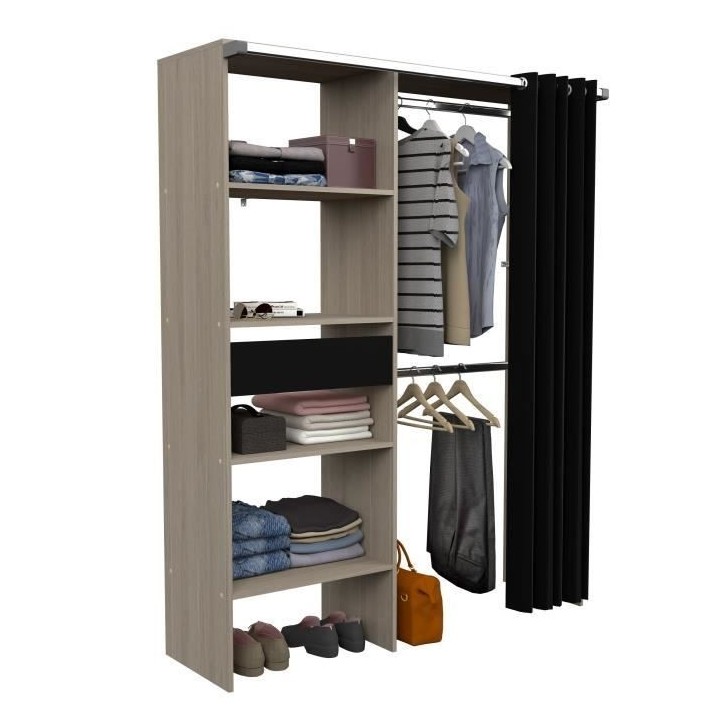 Dressing avec rideau ARTIC - Chene et noir - 1 colonne + 2 penderies +