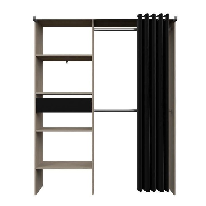 Dressing avec rideau ARTIC - Chene et noir - 1 colonne + 2 penderies +
