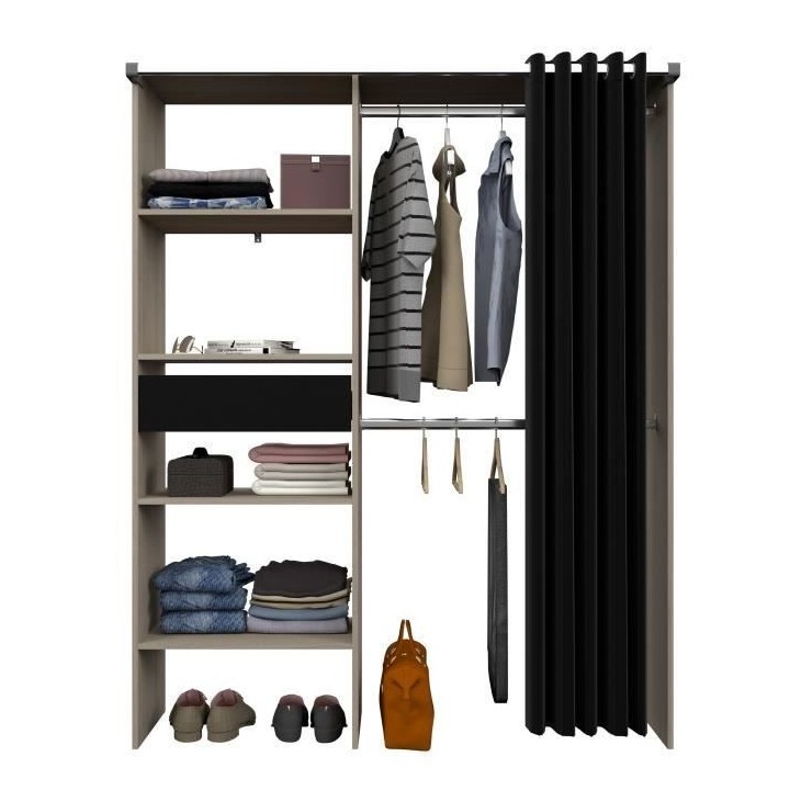Dressing avec rideau ARTIC - Chene et noir - 1 colonne + 2 penderies +