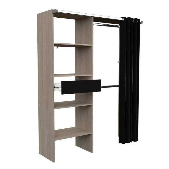 Dressing avec rideau ARTIC - Chene et noir - 1 colonne + 2 penderies +