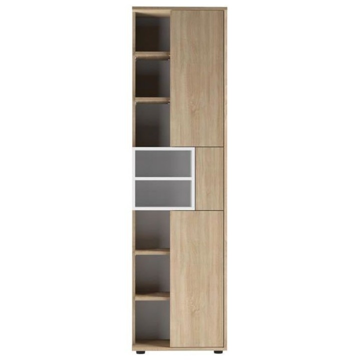 KUBE Colonne salle de bain - Chene naturel et blanc - 2 portes + 8 nic