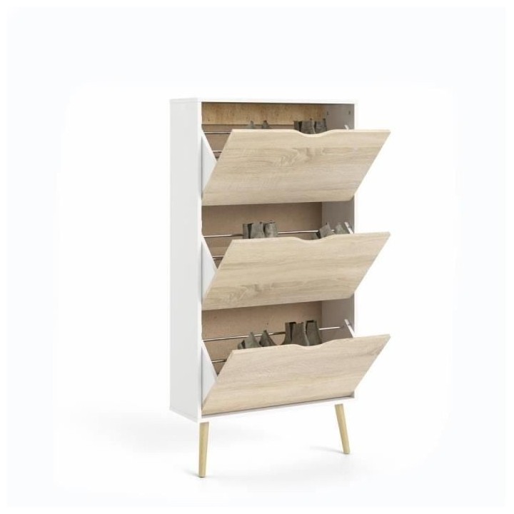 Meuble a chaussures - Blanc / Chene - 12 paires - Pietement évasé en