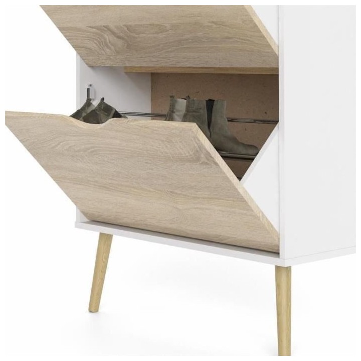 Meuble a chaussures - Blanc / Chene - 12 paires - Pietement évasé en