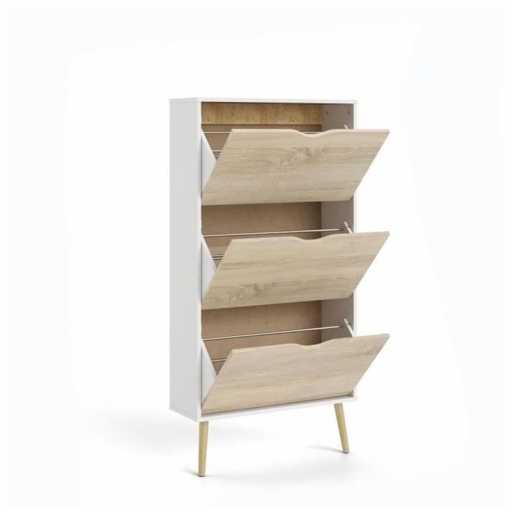 Meuble a chaussures - Blanc / Chene - 12 paires - Pietement évasé en