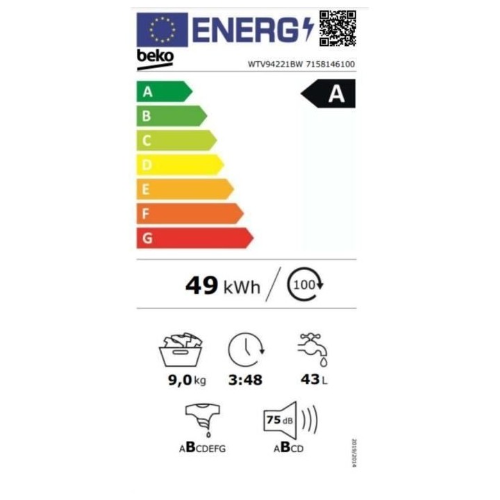 Lave-linge hublot BEKO WTV94221BW - 9 kg - Induction - L60cm - 1400 tr